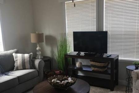 living room with grey sofa table tv on stand and window